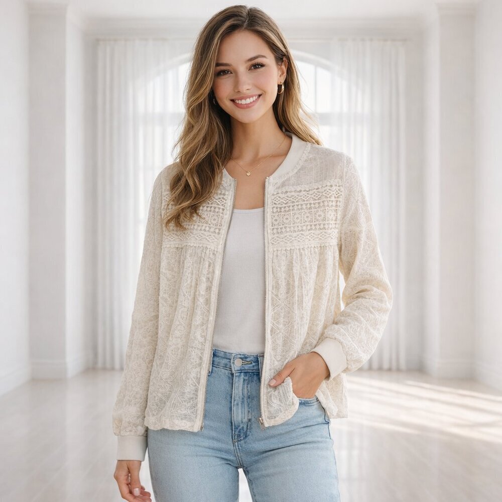 NWT Mystree Lace Embroidered Zip Up Shacket Jacket Boho Cottagecore Cream S